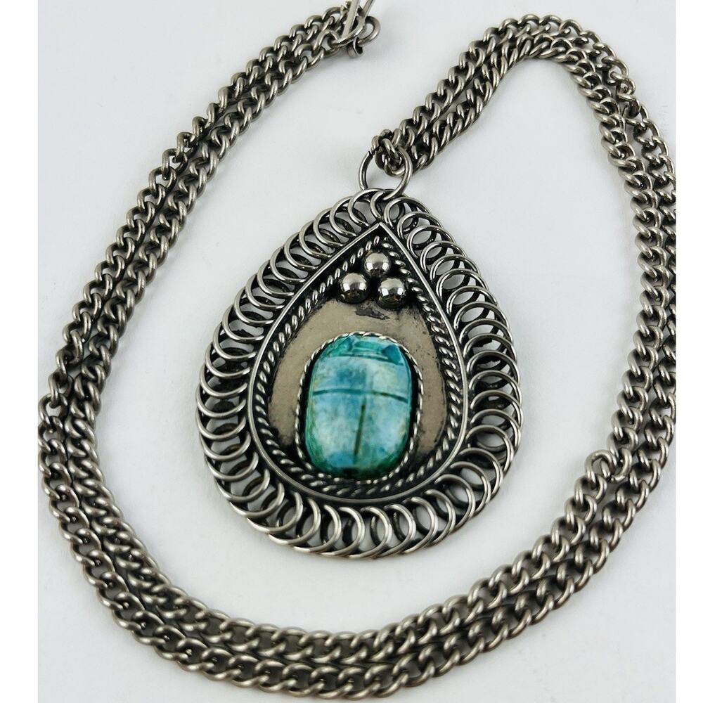 Vintage Faience Scarab Pendant Necklace Egyptian Pharaoh Silver Tone 27” Green